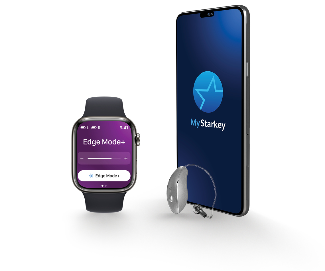 My Starkey App screen on an Apple Watch and iPhone next to a RIC hearing aid.