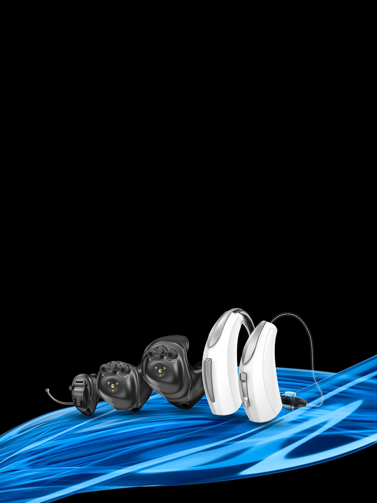 Evolv AI hearing aids with a blue swoosh and black background