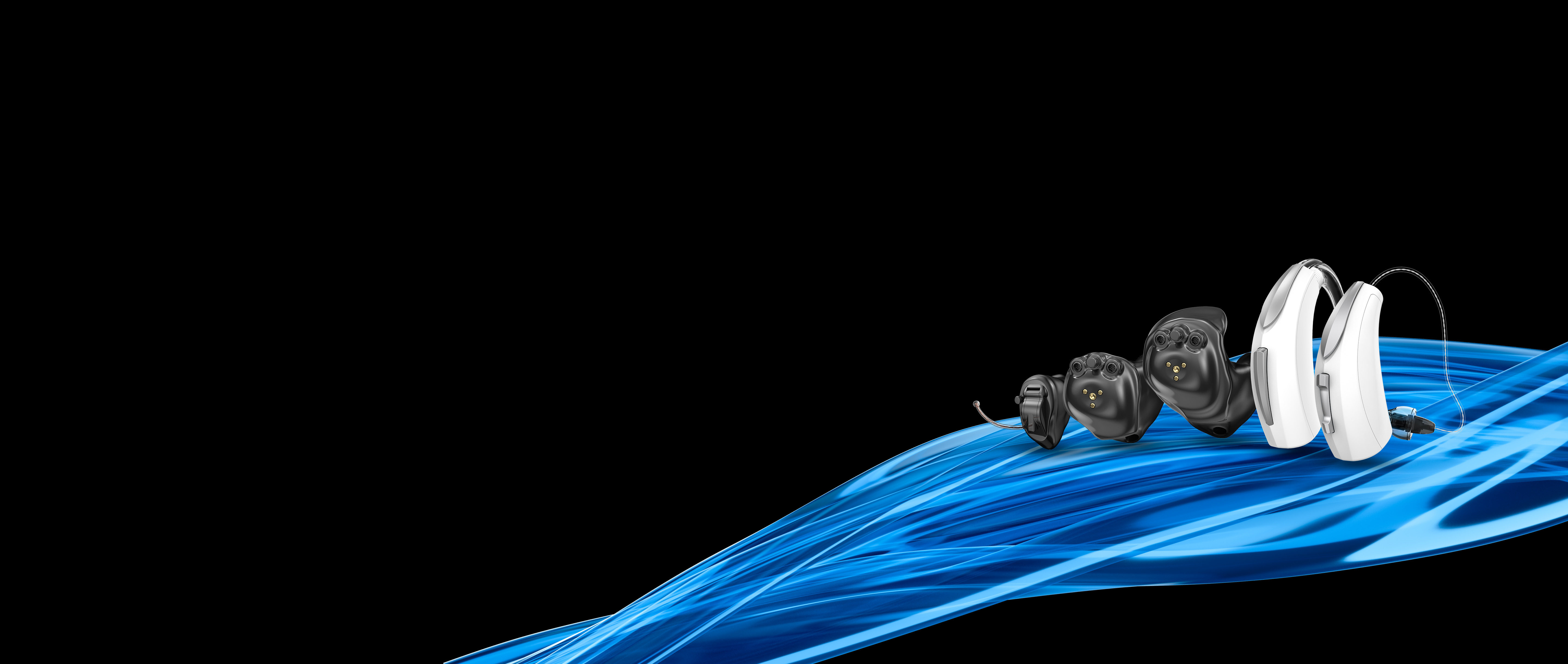 Evolv AI hearing aids with a blue swoosh and black background